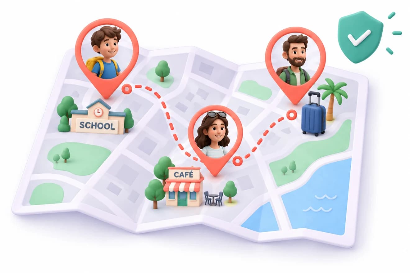 A child at school and friends on a trip connected by location pins on a map