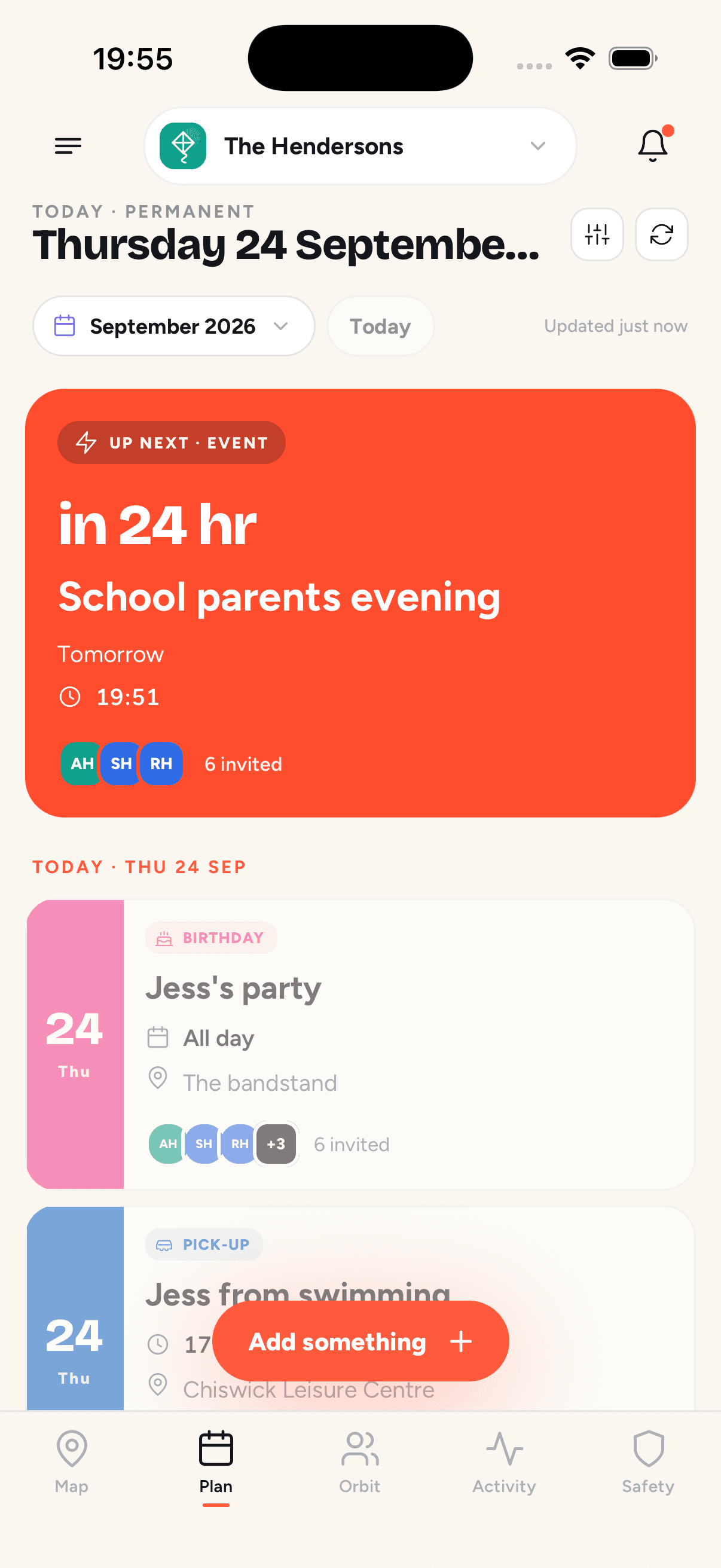 OrbilyLive Plan tab with family appointments and upcoming events