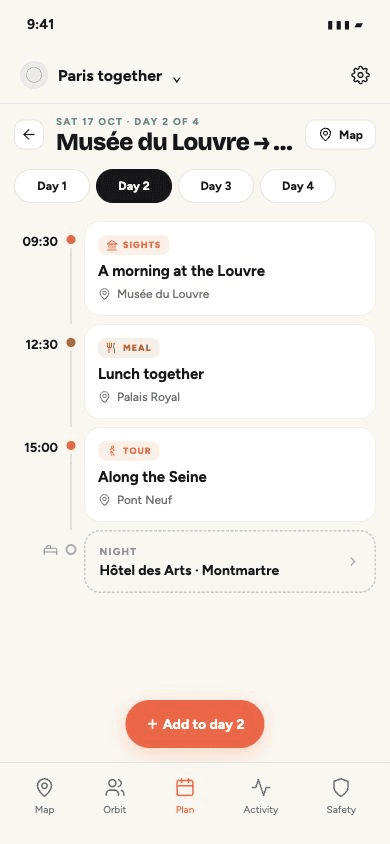 Day 2 itinerary with sightseeing, lunch, a walking tour and the hotel Night row