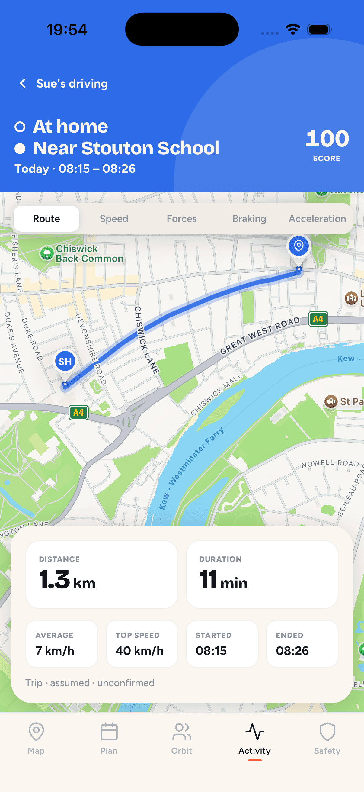 OrbilyLive school-run route, distance and duration