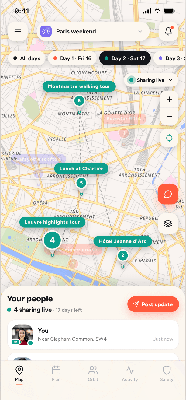Paris trip map with numbered stops and the Your people sharing sheet